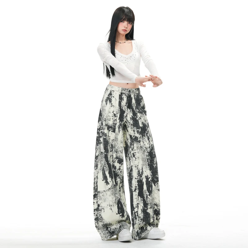 Women's Splash Ink Design Jeans Wide Leg Street Style Trendy Straight Floor Length Pants