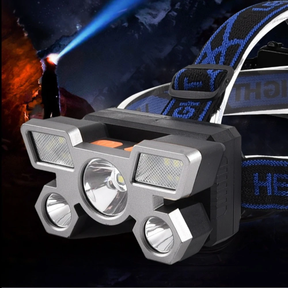 Headlight USB Charging Head Mounted Small Flashlight Outdoor Mining Lamp LED Five Head Strong Light