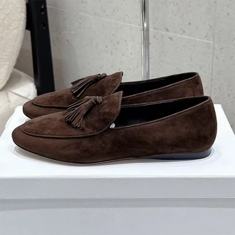 Zapatos planos concisos para mujer, zapatos informales con flecos y punta redonda, mocasines de cuero de ante, zapatos cómodos para caminar al aire libre para mujer