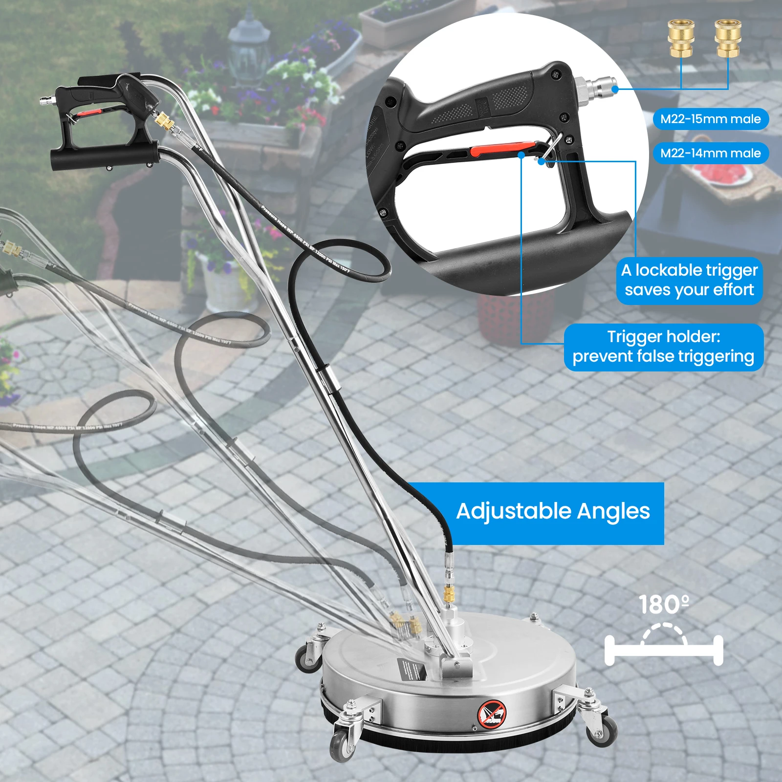 20/24 in Pressure Washer Surface Cleaner for Large Areas, Stainless Steel 2 Handle Attachment with 4 Wheels, Extra-Wide Power Washer Accessory for Commercial and Home Use