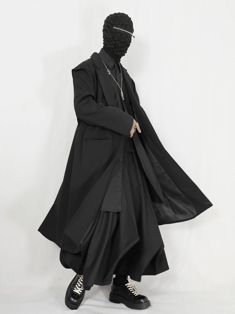 Autumn Dark Wear Style Clothes Trench Coat Men's Long Type Niche Design Black Loose over the Knee