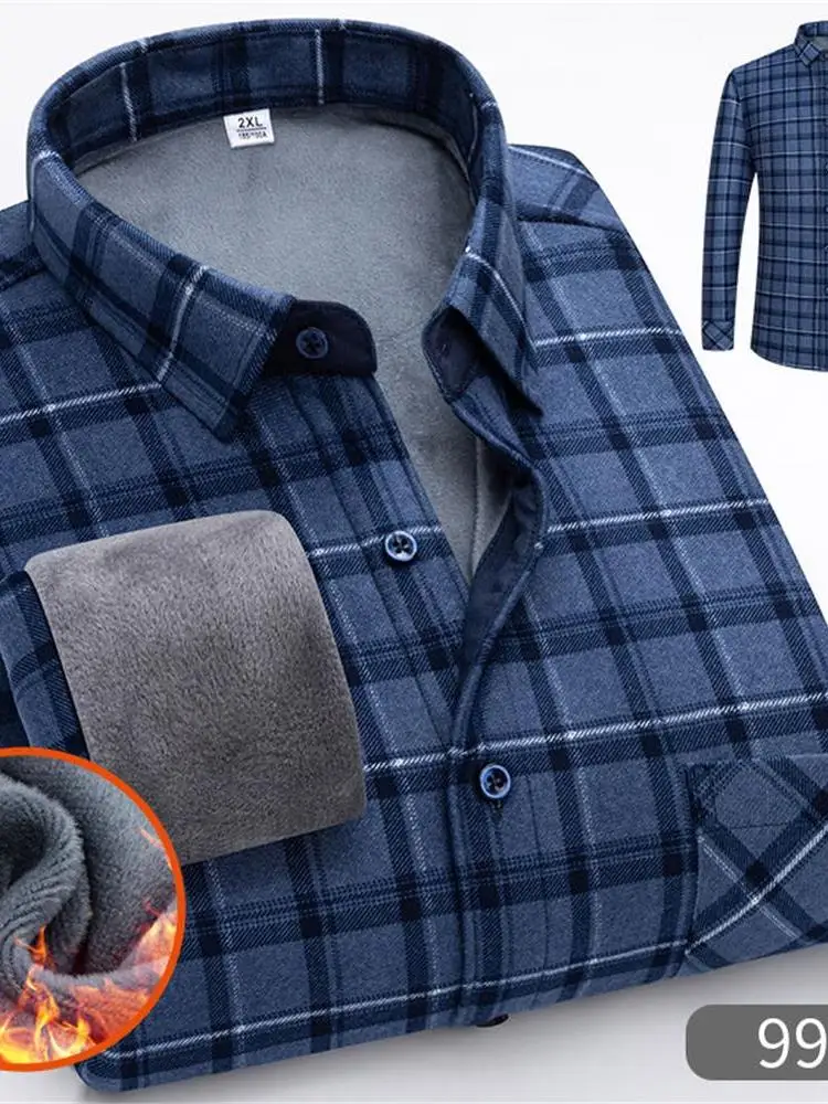 

Утепленная фланелевая повседневная рубашка для мужчин среднего и пожилого возраста, зимняя, с длинным рукавом, теплая, утолщенная, в клетку, свободного кроя, в стиле «папина рубашка»