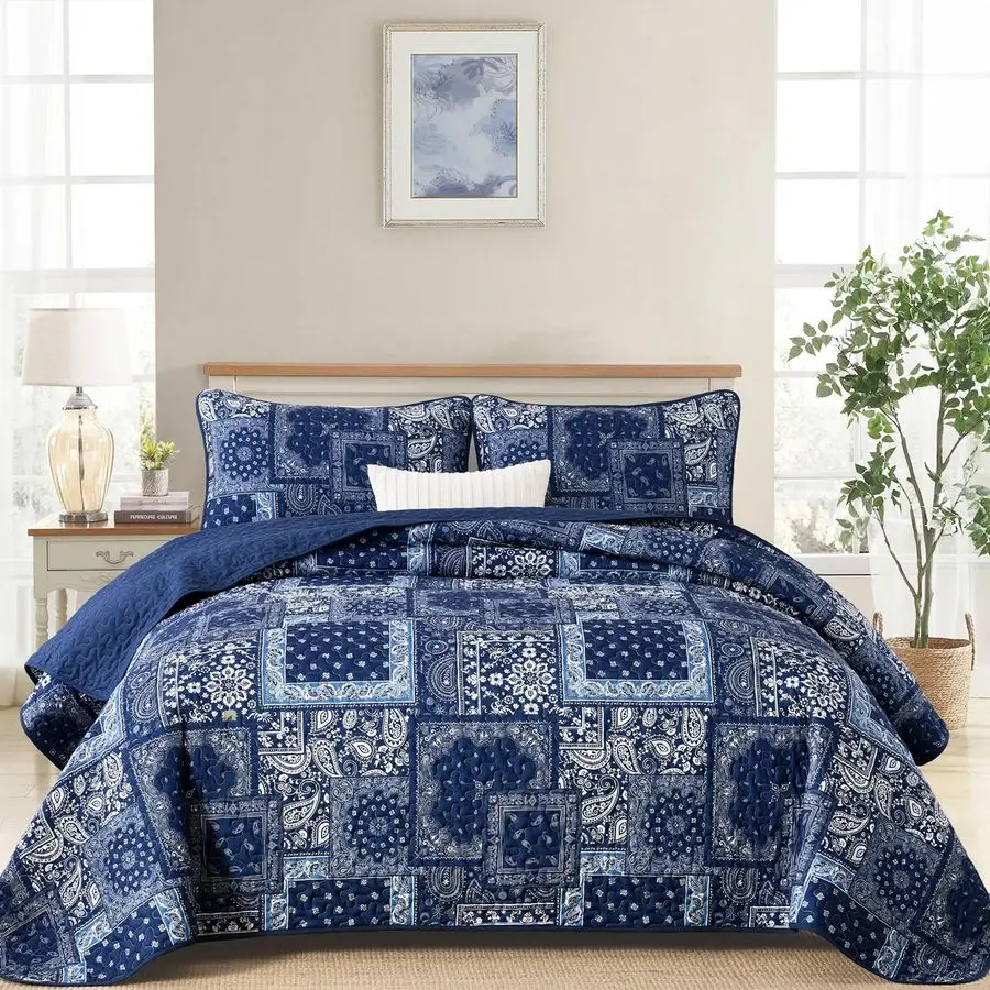 

Blue Patchwork Quilt Set King Size,Boho Navy Blue Quilt Set,Farmhouse Paisley Bedspread Soft Microfiber Bedding Set for All Seas