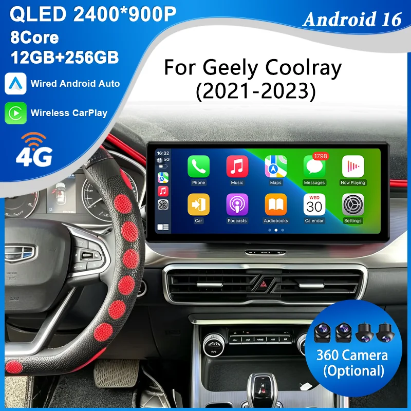 12.3 inch QLED Touch Android 16 BT 4G Wifi GPS CarPlay Auto Multimedia Stereo Head Unit for Geely Coolray 2021-2023 DSP Device