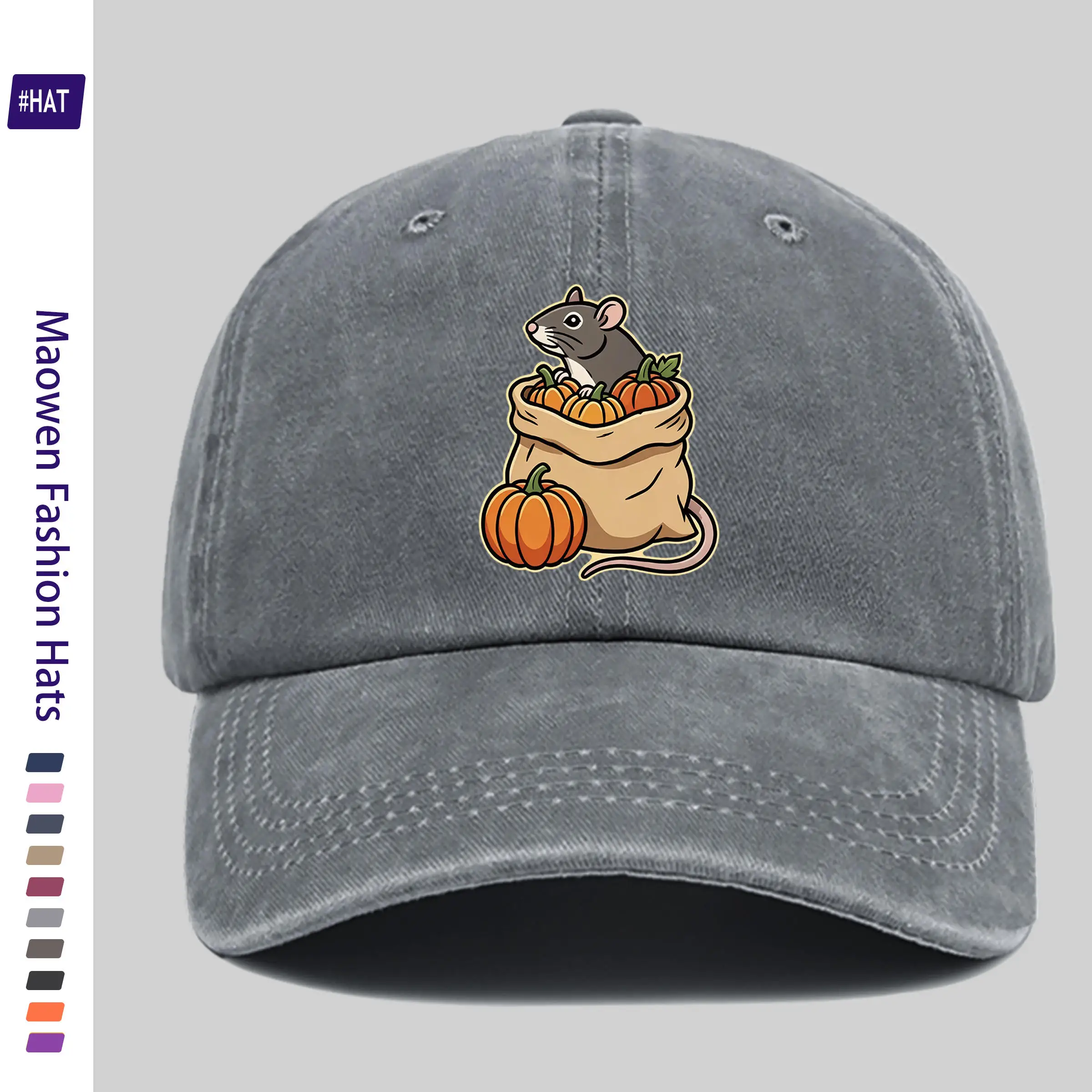 1pc Country Style Hamster Pumpkin Autumn Theme Pattern Hot-Stamped Design Washed Cap, Autumn/Winter New Distressed
