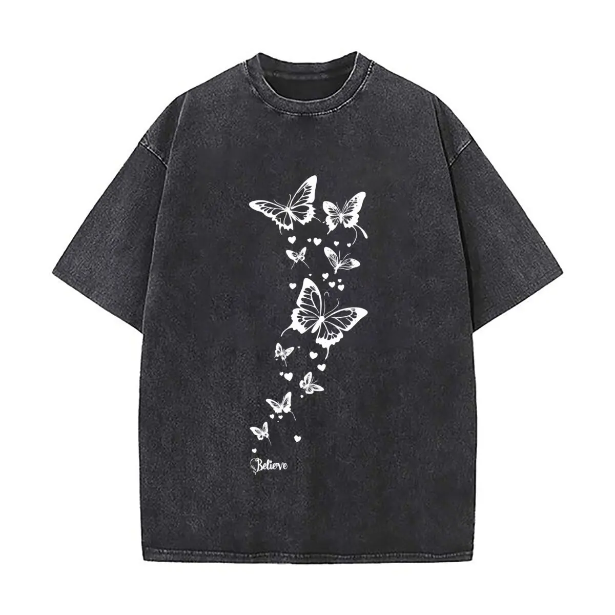 Believe Butterfly Heart Cascade Dreamy Design Washed Short Sleeve Loose Streetwear Tee Hip Hop
