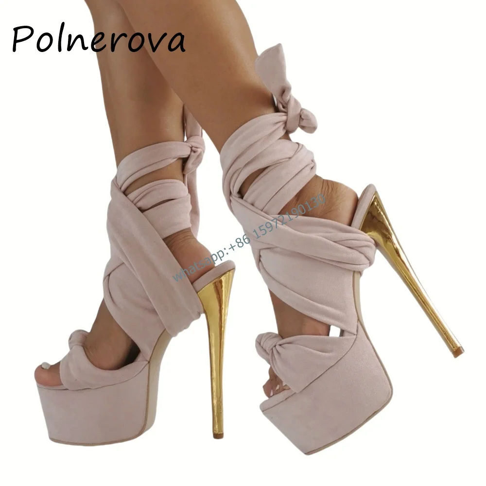 Solid Twist Metal Heel Sandals Thin Heels Peep Toe Lace Up Ankle Strap Shoes Sexy Pink Fairy Style Platform Runway Shoes