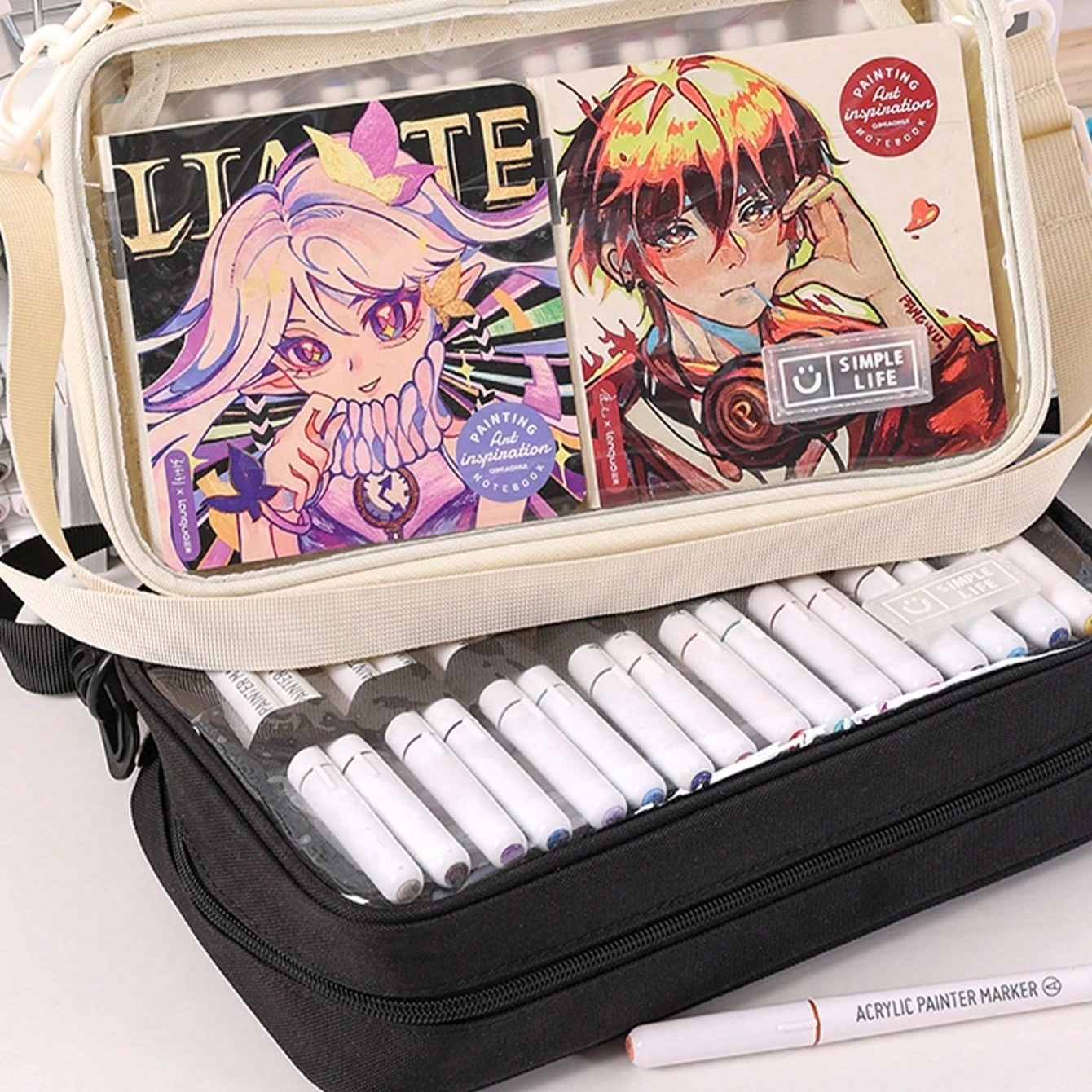Large Capacity Marker Pens Storage Bag Transparent Pencil Case Easy Carry-on Handbag for 64 Pens Simple Color Design A7864