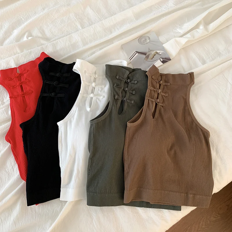 ITOOLIN Elegant Women Chinese Button Tank Tops With Bra Pad O-Neck  Sleeveless Tank Tops For Women Sexy Crop Tops All-Match 2024