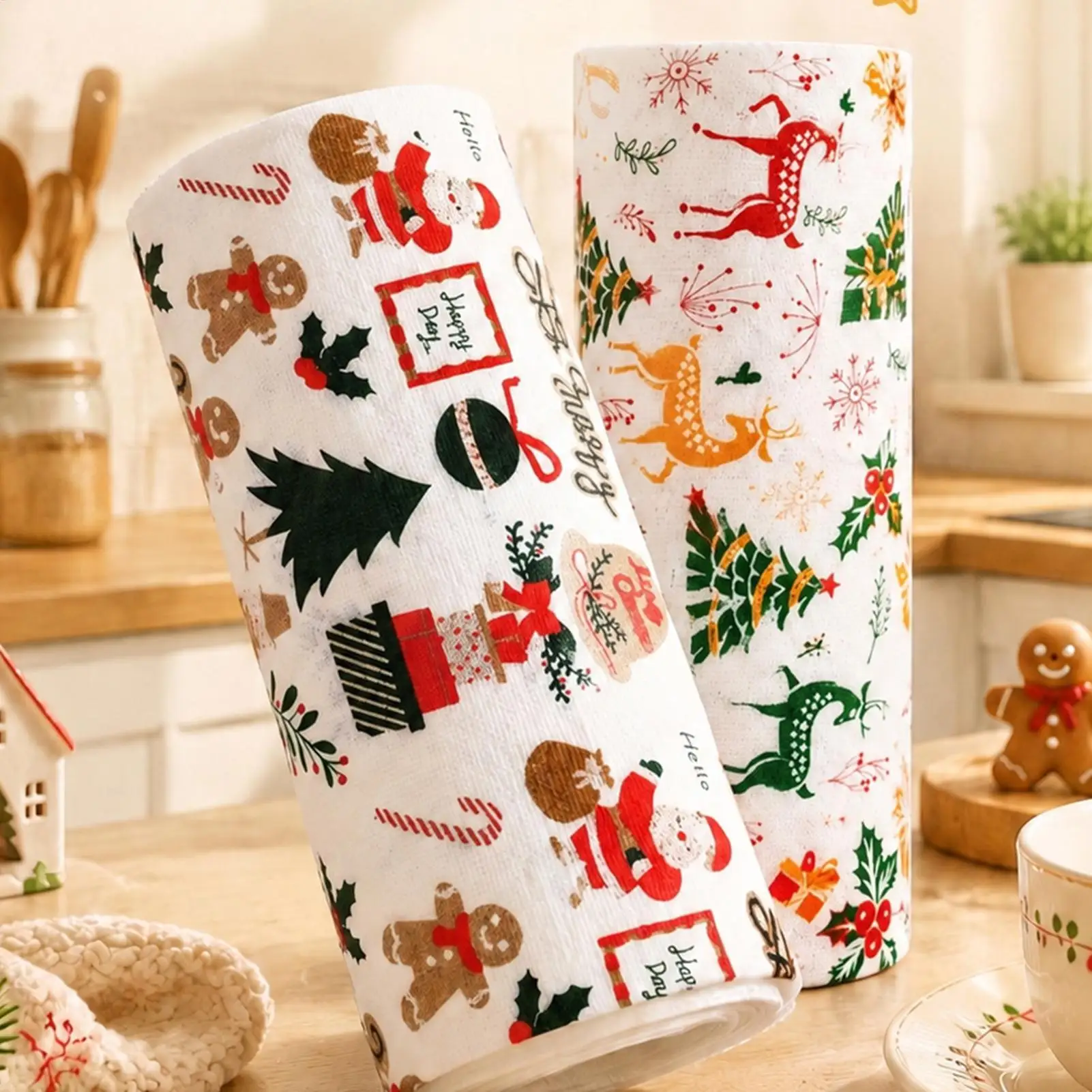 Christmas Microfiber Cleaning Cloth Roll Tearable 20 Sheets Reusable Absorbent Lint Free Washable Kitchen Towel for Grease