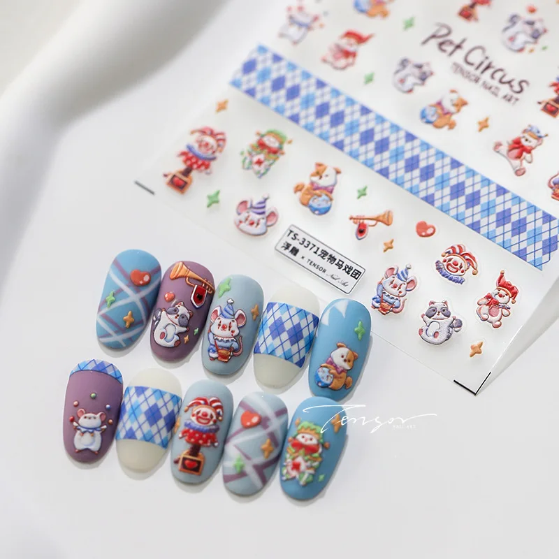 Cartoon Animal Circus Clown 5D Embossed Reliefs Self Adhesive Nail Art Decorations Stickers Cute Joker Manicure Decals Wholesale