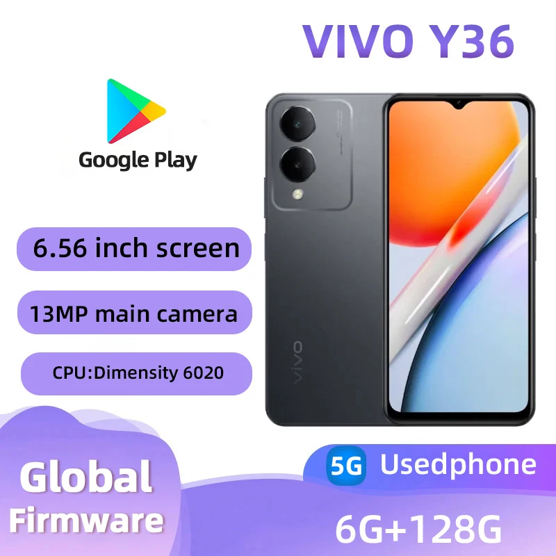 VIVO Y36 5g Smartphone Android CPU Dimensity 6020 6.56inches Screen ROM 128GB 90HZ 15W Charge 13MP+5MP used phone