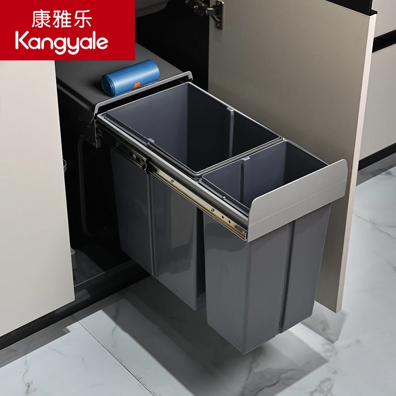 

‌Built-in Dual Compartment Trash Bin - Pull-Out Cabinet Garbage Can with Lid, Hidden Waste Container, Kitchen Organizer