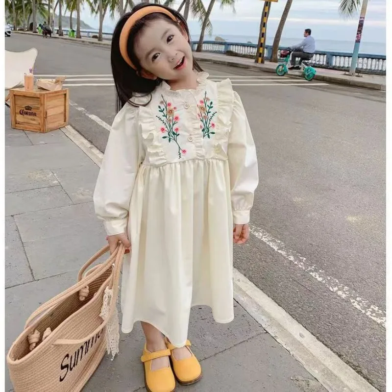 Children Dress 2023 Spring New Girls Vintage Flowers Embroidered Skirt Children Agaric Edge Dress Knee-Length Girl Dress