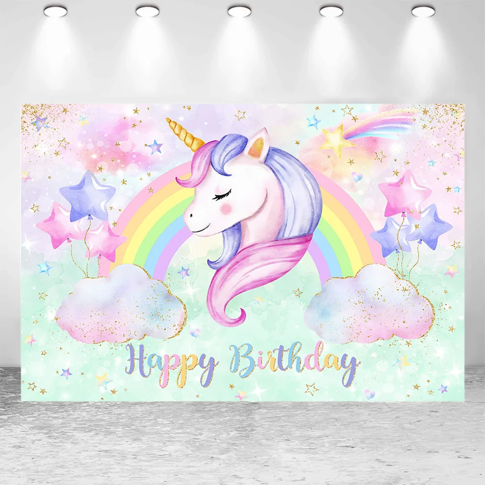 Mocsicka Unicorn Backdrop Rainbow Clouds Stars Child Birthday Party Decor Newborn Baby Shower Photo Background Banner Photoshoot