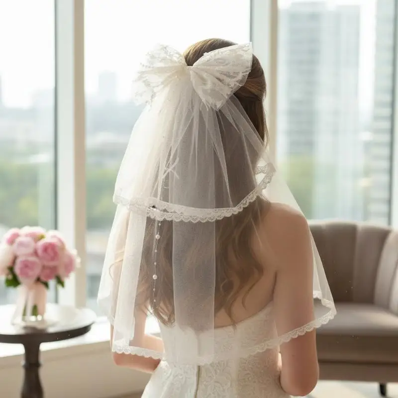 Kurzer weißer Tüll-Brautschleier mit Haarspange für Hochzeit, Junggesellinnenabschied, Haarschmuck, Foto-Shooting-Requisite – Detail 15