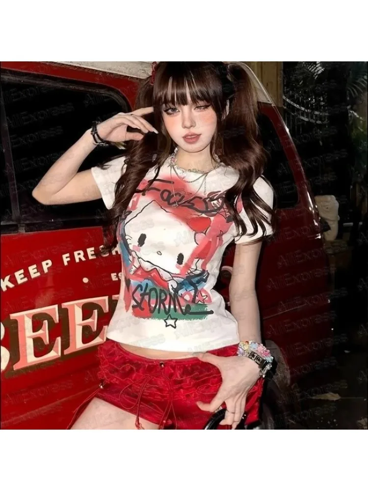 

Sanrio Print Short-Sleeved Hello Kitty Cartoon T-Shirt American Hot Girl Cartoon Girl Student Fashion Summer Design Sense Slim