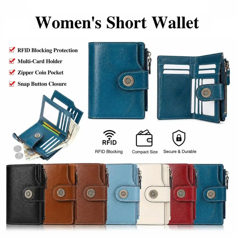 PU Leather Women's Short Wallet Snap Button Closure Zipper Pocket Card Holder RFID Blocking Floral Button Detail Coin Purse