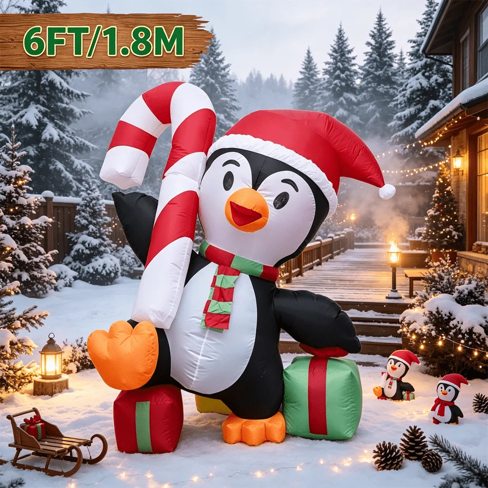 Inflatable Model Toy 6FT/1.8M Cute Santa Hat Penguin Red Green Striped Scarf Holding Giant Candy Cane Xmas Courtyard Ornament
