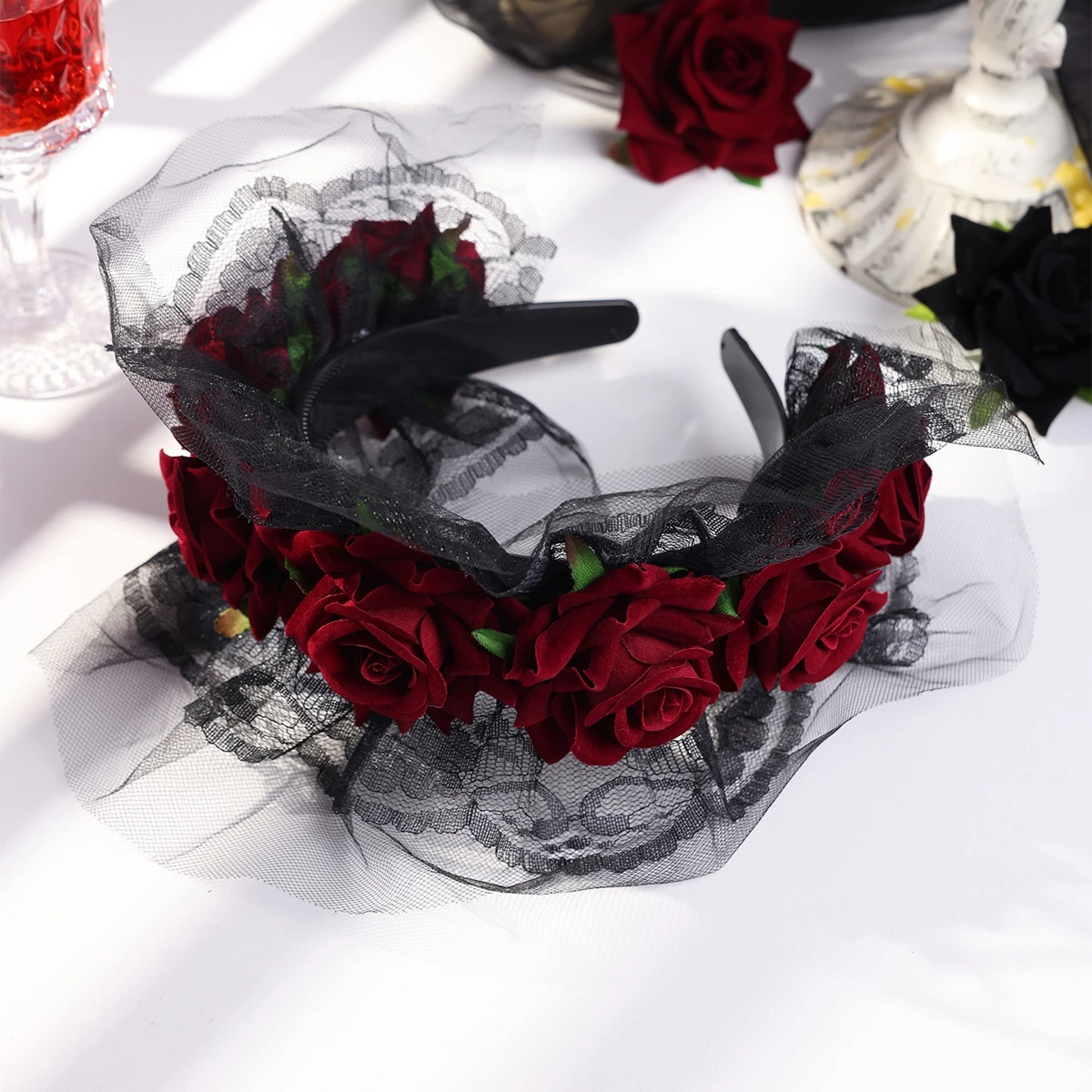 Baroque Handmade Red Flowers Headbands For Women Lace Hairbands Halloween Party Hair Accessories