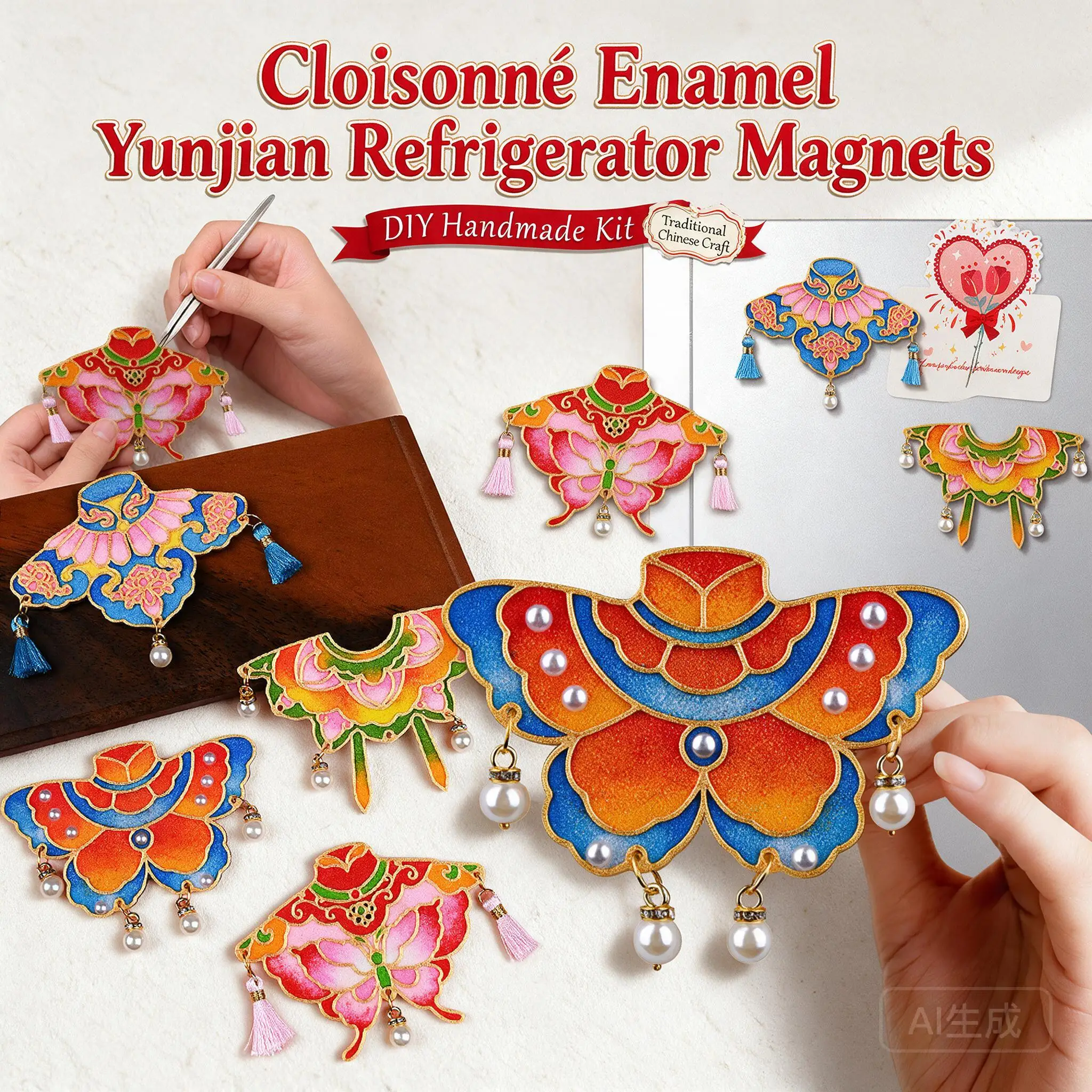 Diy Wire Free Cloisonne Enamel Traditional Chinese Cloud Collar Fridge Magnet Tassel Pearl Handmade Kit For Team Building Gift