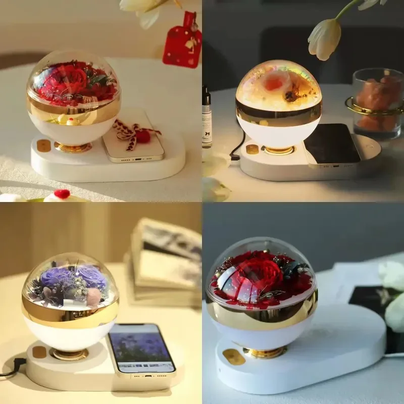 Hot-selling flower manufacturer wholesale glass dome gift box mobile phone wireless charging desk lamp