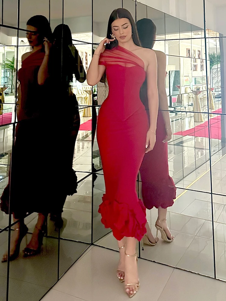 

Elegant Red One-Shoulder Evening Dresses Sexy Bodycon Midi Gown with Sheer Tulle Detail Formal Cocktail Dress for Women Vestidos
