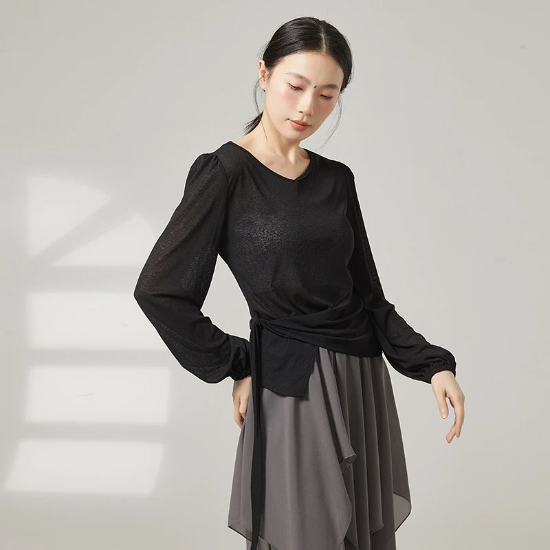 Women's V-Neck Wrap Dance Top Lantern Long Sleeve Tie Waist Ballet Shirt Contemporary Lyrical Dancewear Balletcore Yoga Outfit