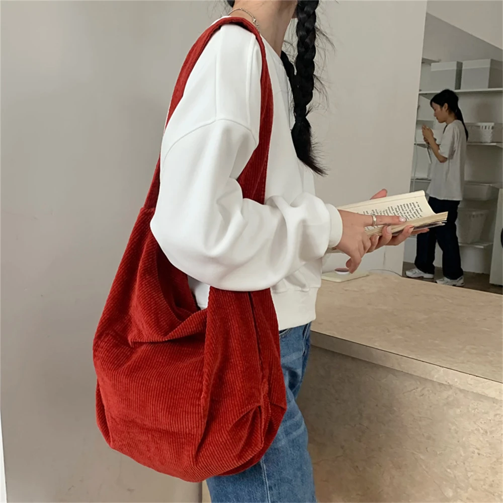 

Women Striped Corduroy Bags Simple Canvas Zipper Crossbody & Shoulder Bag Eco Cloth Purse Solid Books Handbags For College Girls