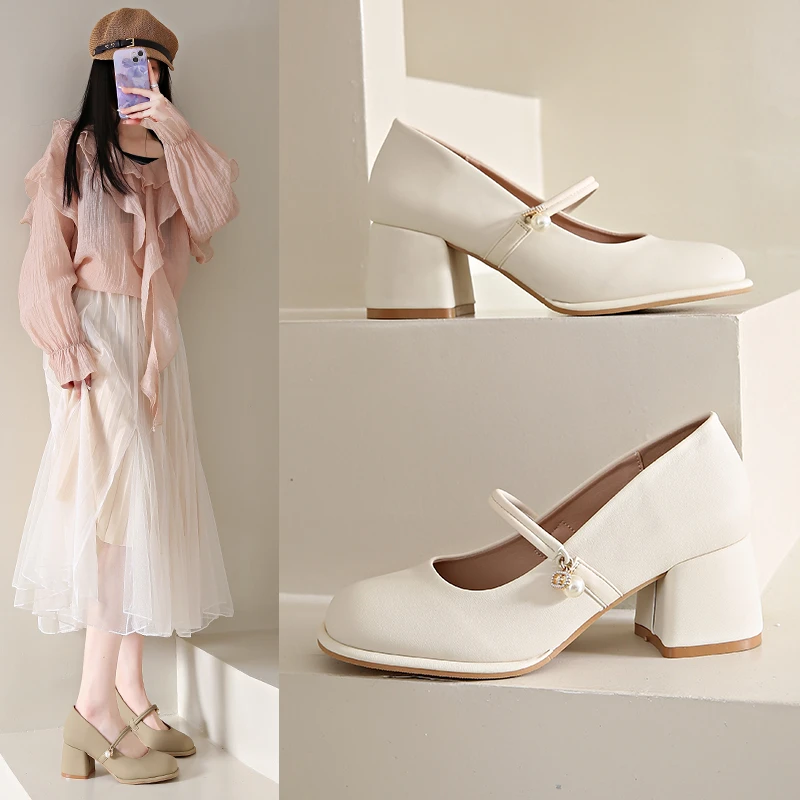 Spring/Autumn New Fashion Solid Color Simple Versatile Personality Square Heel Round Head Comfortable High Heels Women's Shoes