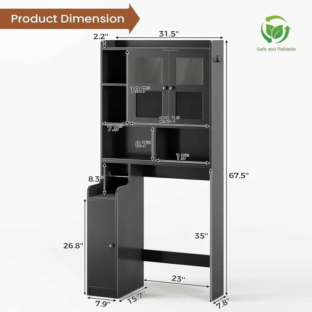 Space-Saving Toilet Storage Cabinet with Glass Door and Toilet Paper Holder for Bathroom, Restroom, and Laundry (Black)