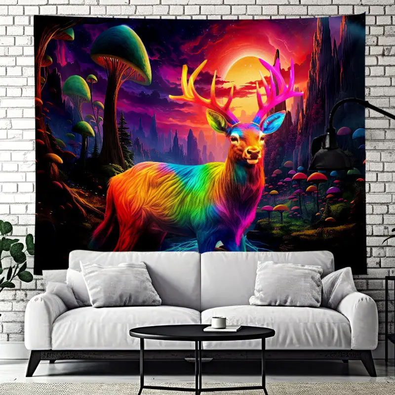 VIKAMA Neon Santa Sleigh Tapestry Wall Hanging Reindeer Flying Over Village Trippy Aesthetic Wall Art Dorm Room Decor