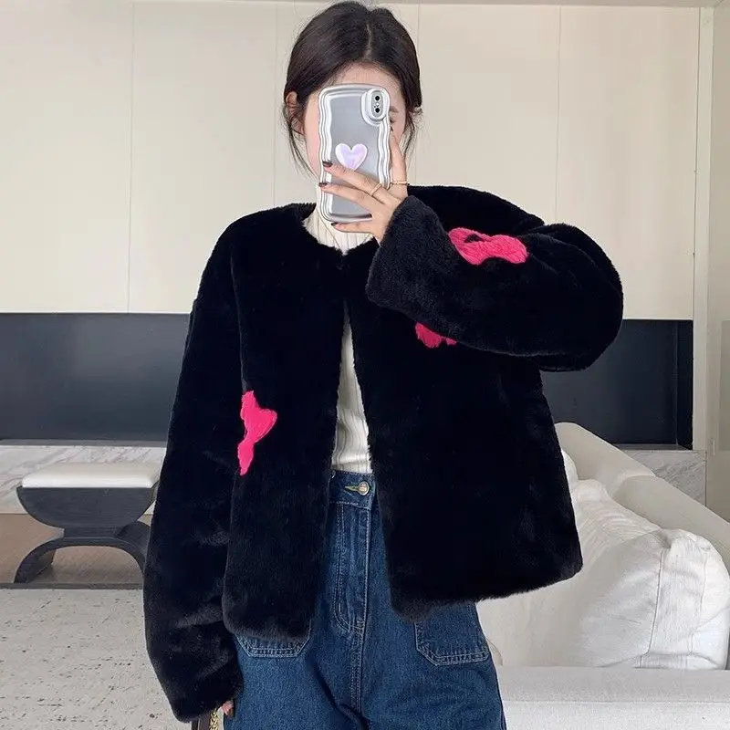 Women's Rex Rabbit Fur Coat, Eco-friendly, Patchwork Flowers, O-Neck Outwear, Casual Versatile Outerwear, Female Fashion, Winter