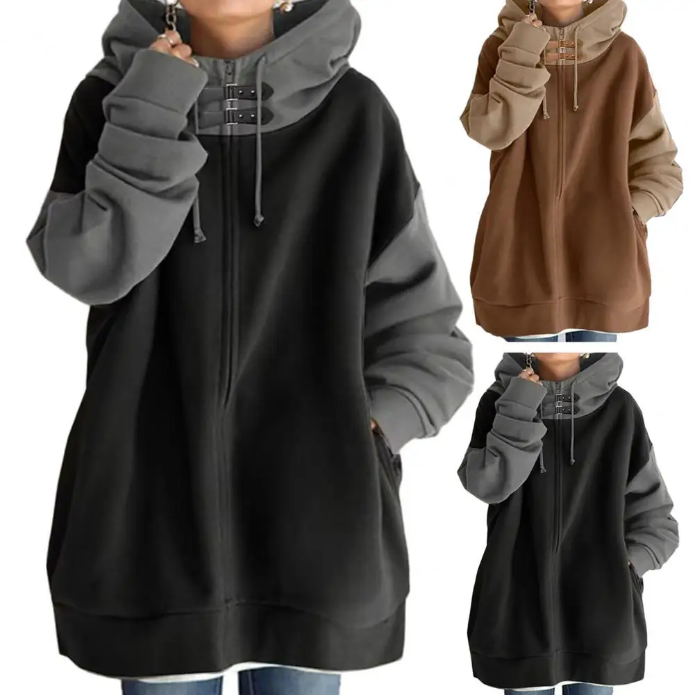 Winter Auutmn Women Hoodie Patchwork Contrast Color Hidded Zipper Sweatshirts Mid Length Loose Hooded Thick Hoodie