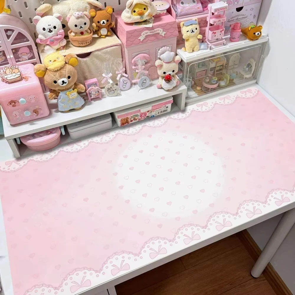 PU Leather Mouse Pad Sweet Pink Stripe Lace Love Heart Bow Mouse Pad Office Desk Mat Waterproof Non-Slip PU Desk Blotter Pad