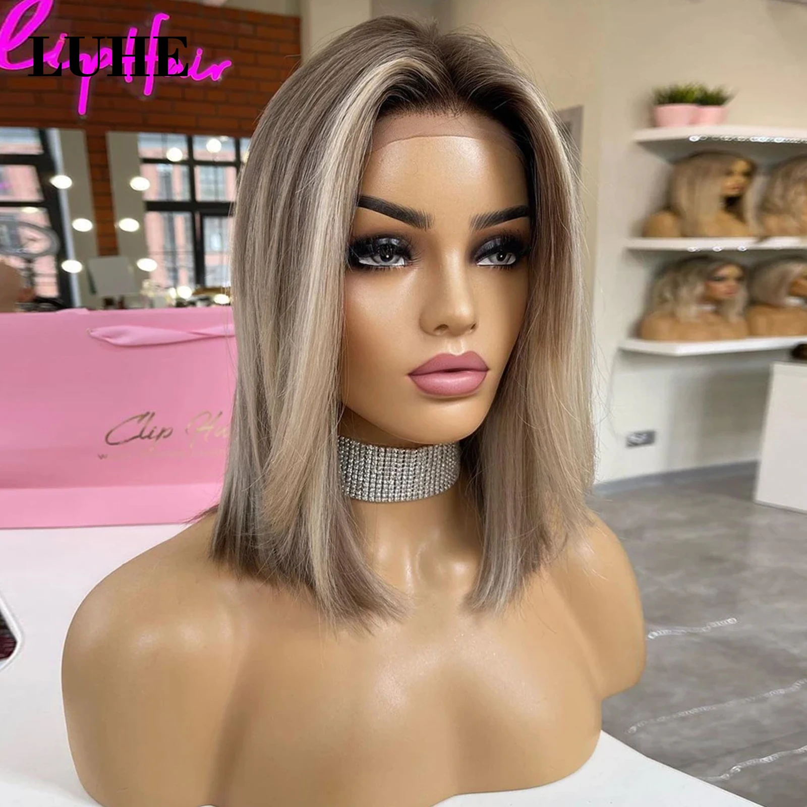 Ombre Ash Blonde Highlight Color Short Straight Bob Wig Synthetic Hair Lace Front Wigs for Women Daily Use 13x3 Lace Frontal Wig