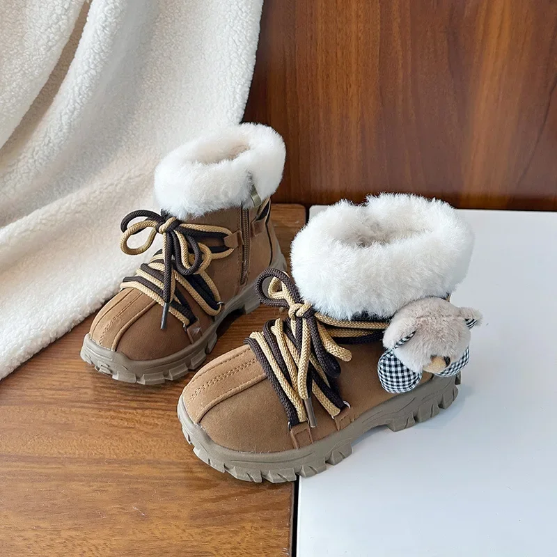 

Kids Casual Boots Soft Bottom Children Fashion Boots with Cute Bears 2025 Winter New Girls Sports Boots with Comfortable Plush