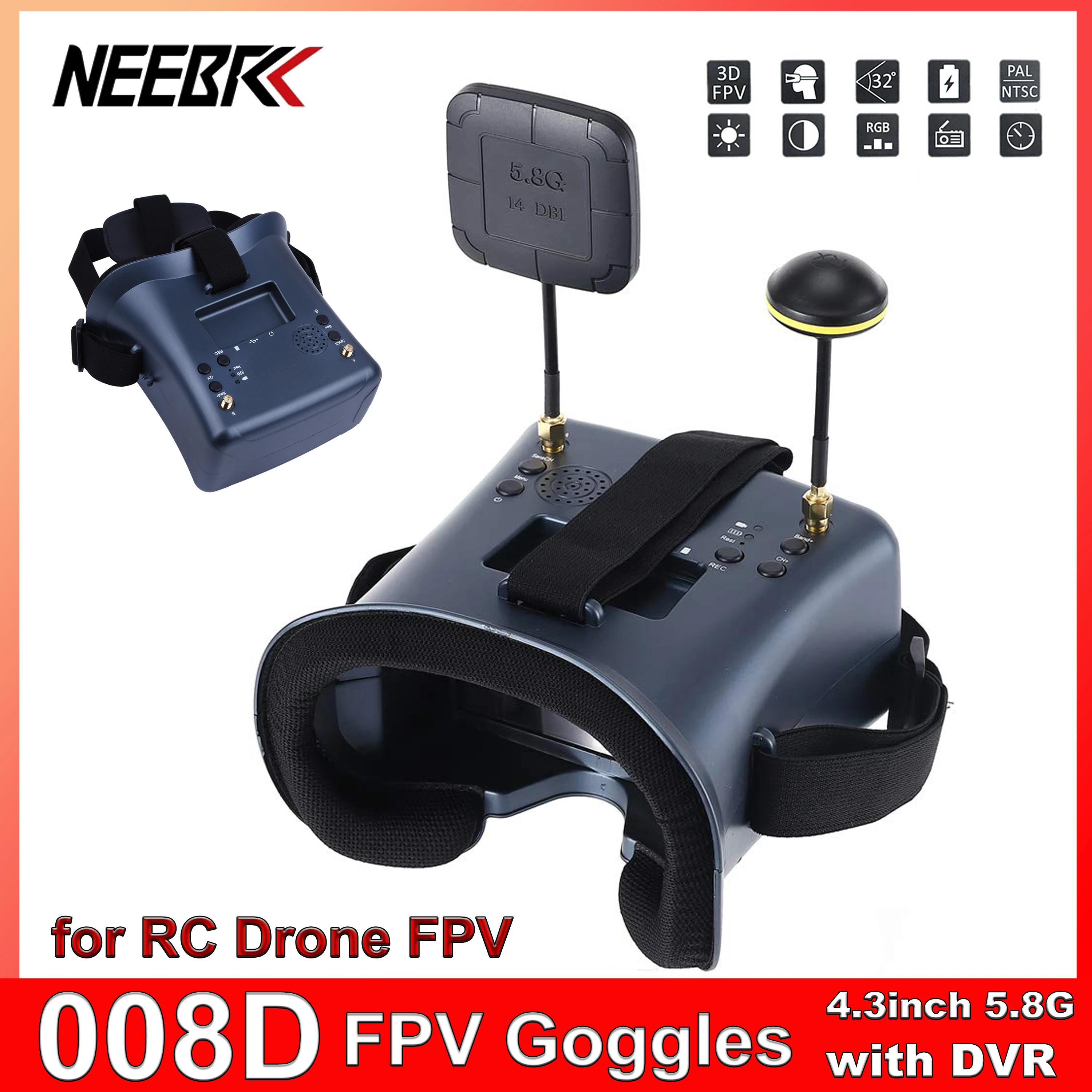 008D 4.3inch 5.8G FPV Goggles with DVR 480*320px HD High Brightness LCD 5.8GHz 40ch Receiver Built-in Battery for RC Drone FPV
