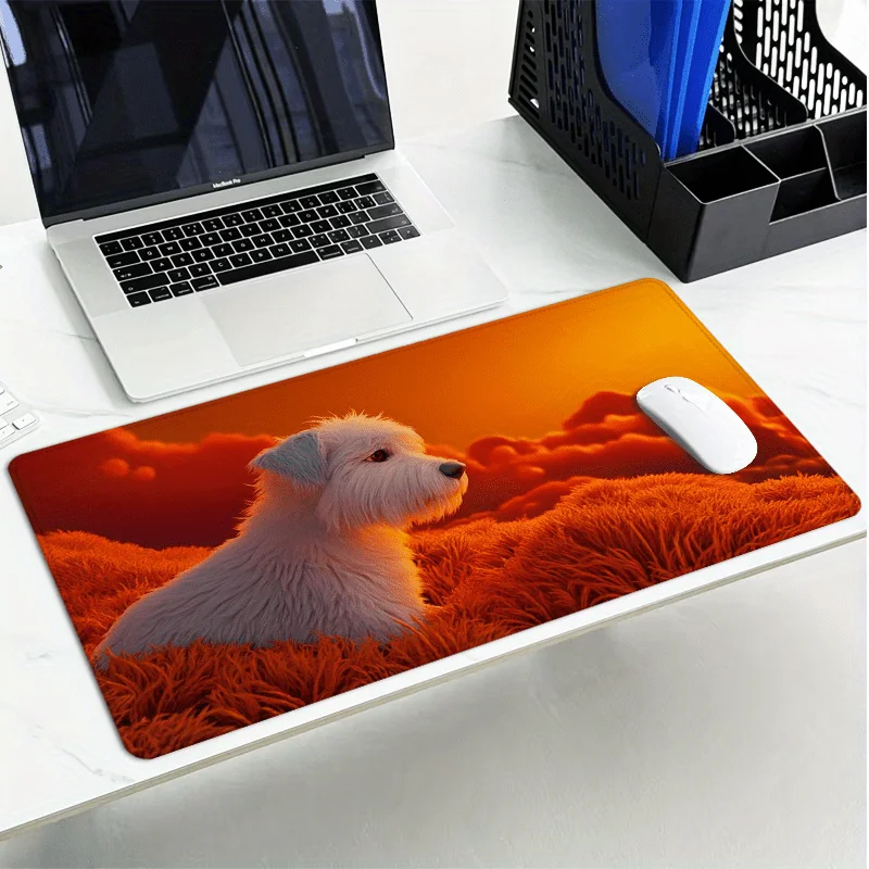 Tapis de souris extra-large au design artistique pour chien – Base en caoutchouc souple antidérapant, paysage rouge et orange vibrant avec chien blanc, 88,9 x 40,64