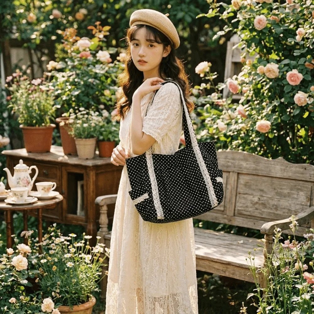 

Retro Fashion Sweet Polka Dot Shoulder Bag Large Capacity Lace Canvas Tote Bag Multi Pocket Durable Handbag Youth Style