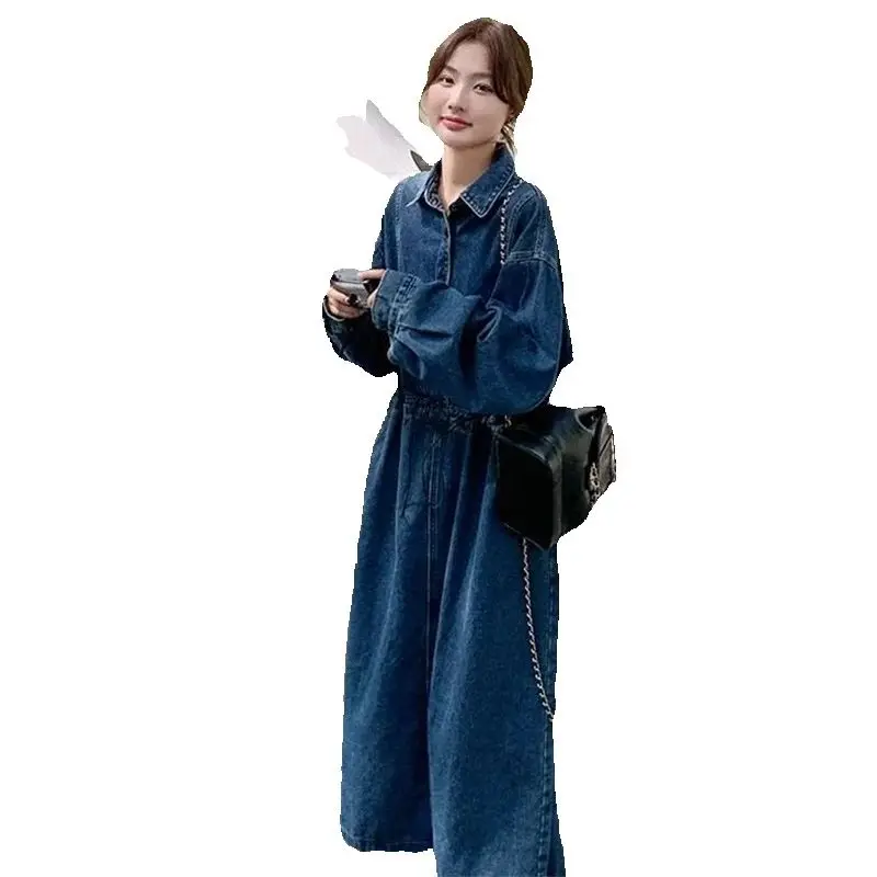 French Retro Unique Denim Dress for Women in the Spring and Autumn of 2025 Loose High-end Style Shirt Long Skirt for Commuting