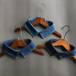 Women Men Vintage Washed Denim Blue Fake Collar Work Office Casual Lapel Choker Necklace Decorative Pointed Button Short Dickey