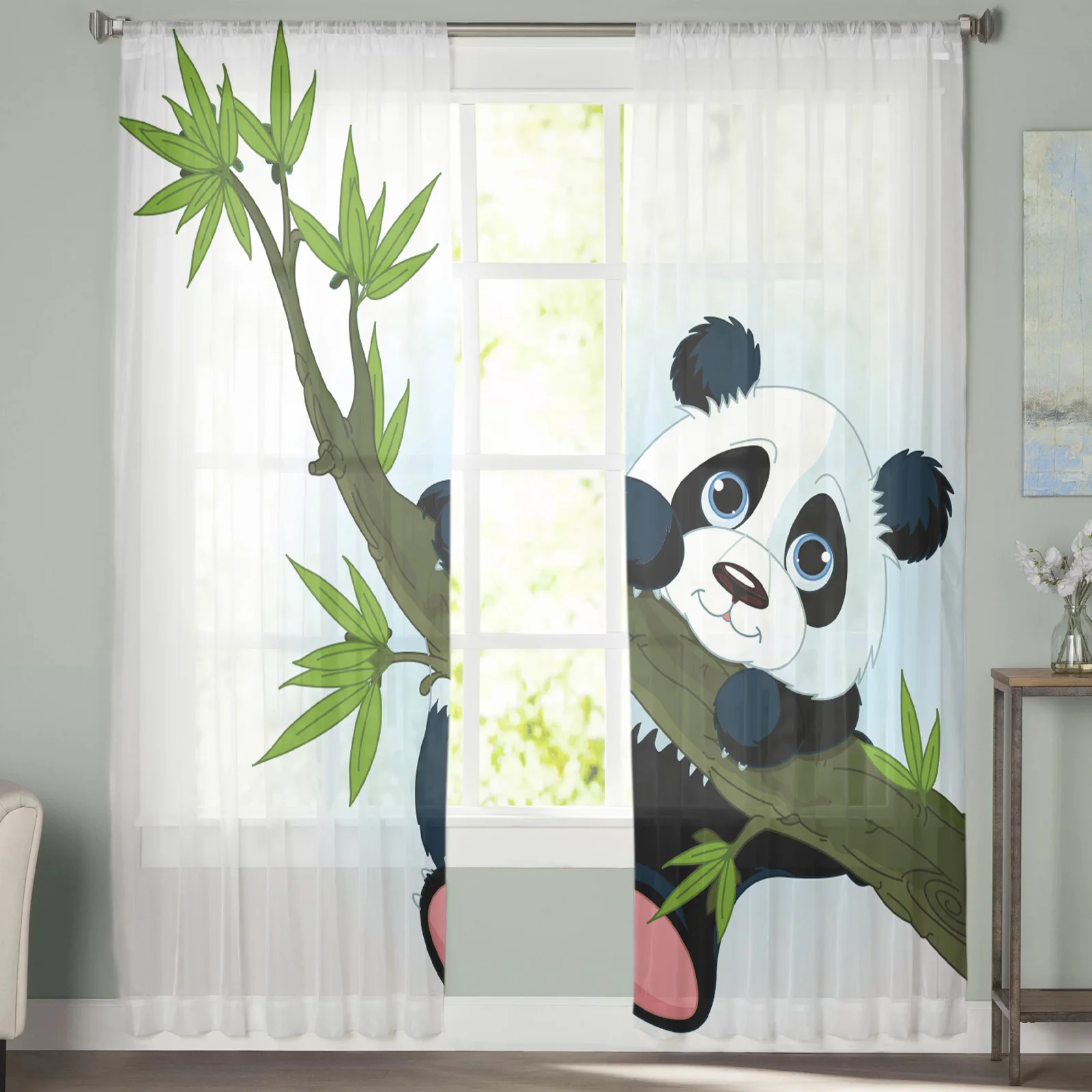 Animal Cute Panda Bamboo Cartoon Tulle Window Treatment Sheer Curtains for Kitchen Living Room the Bedroom Curtains Decoration