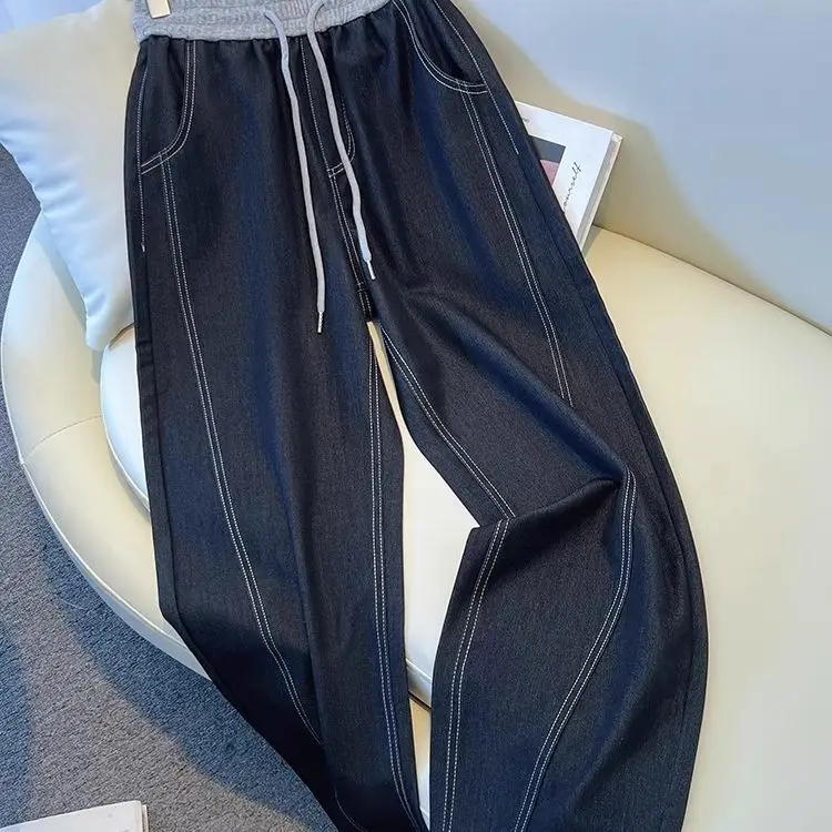 

Мужские летние тонкие мягкие джинсовые брюки больших размеров, широкие повседневные брюки с высокой талией, износостойкие, в американском стиле