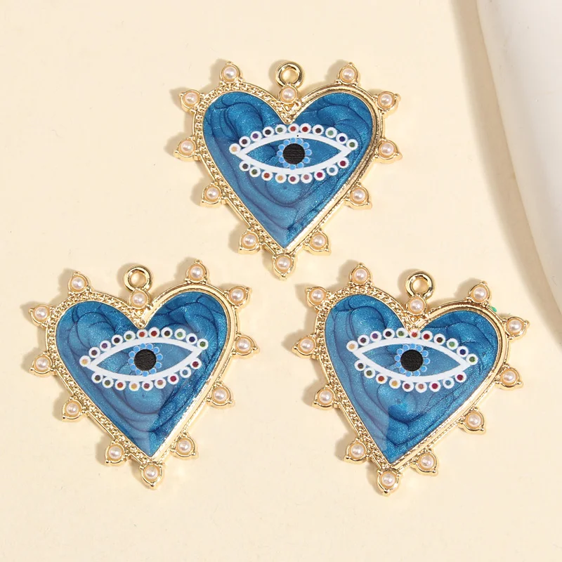 5pcs Gold Color 33x33mm Cute Enamel Eye Pearl Charms Heart Pendant For DIY Handmade Necklace Earrings Jewelry Making Accessories