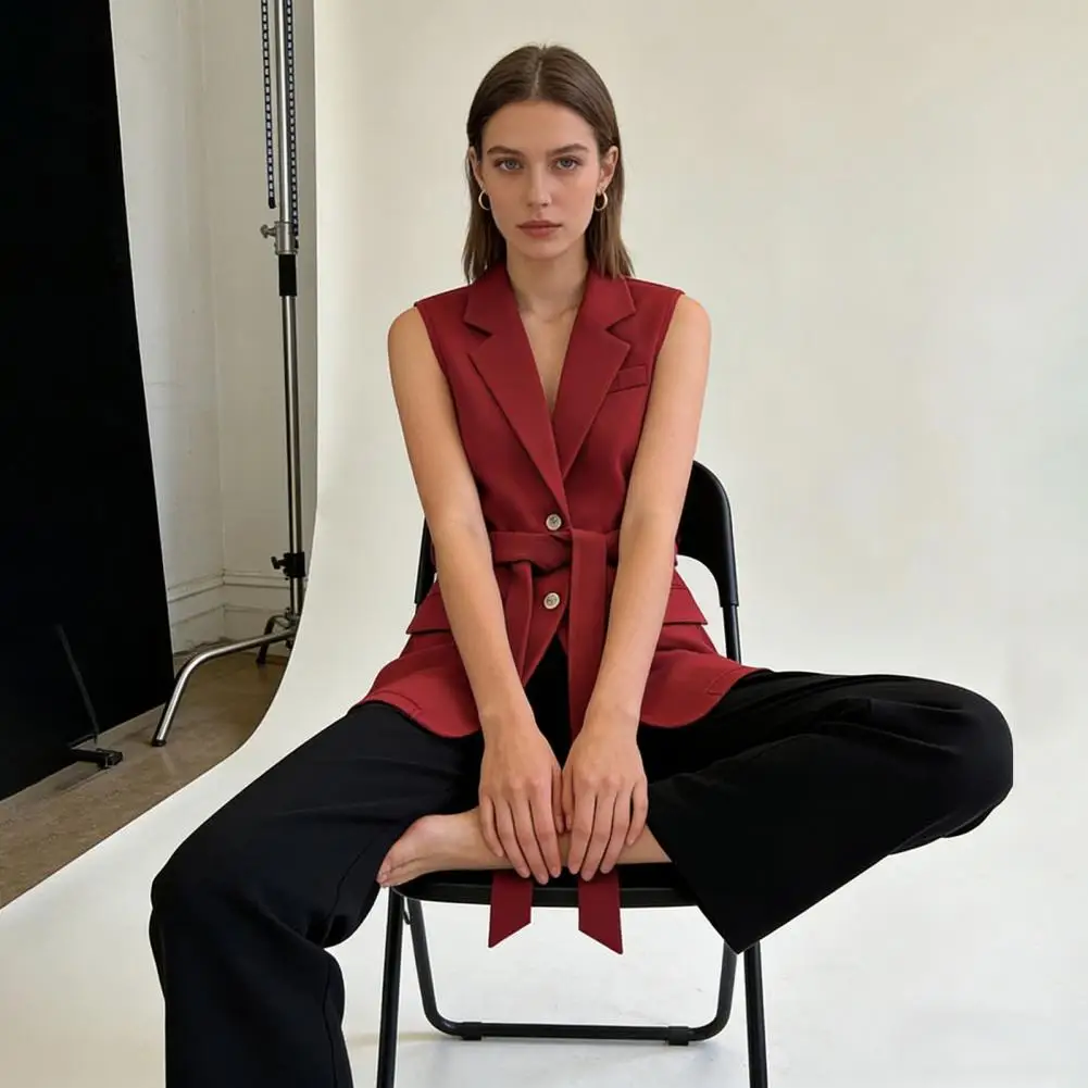 Stylish Blazer Vests Women Casual V-Neck Sleeveless With Belt Hem Lightweight Waistcoats Office Wear Commuting Tops