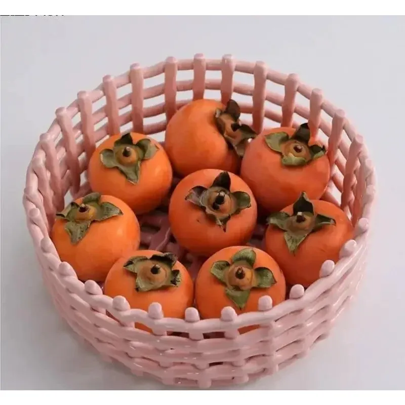 Round Ceramic Fruit Plate Woven Storage Basket Snack Candy Storage Ornaments Nordic Home Kitchen Drain Fruit and Vegetable Plate