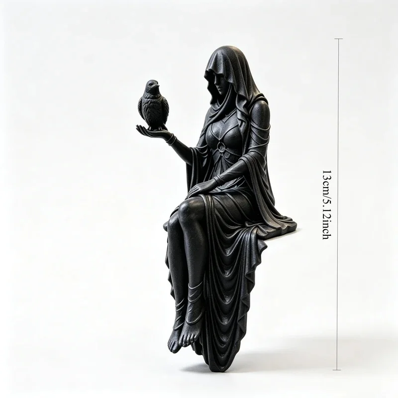 Mysterious Hooded Witch & Raven Edge‑Sitter Figurine Gothic Statue Bookshelf Corner Decor Halloween Witchcraft Collectible Gift