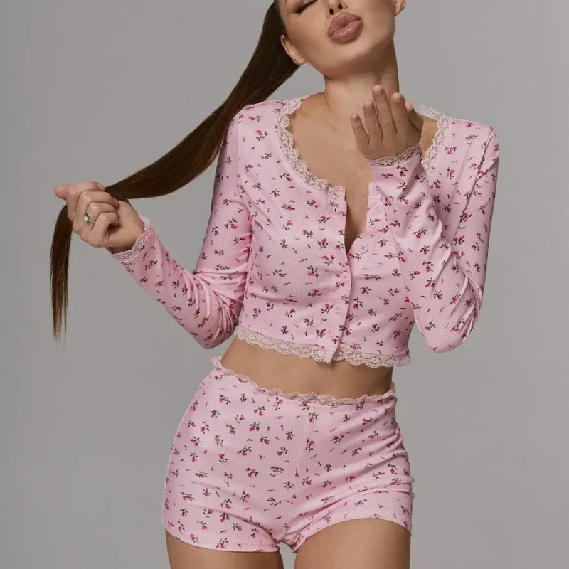 Sexy Pajamas Women V-Neck Lace Cherry Print Short-Sleeved Shorts Striped Fancy Sleepwear 2 Piece Set Home Wear Student Nightwear view 5