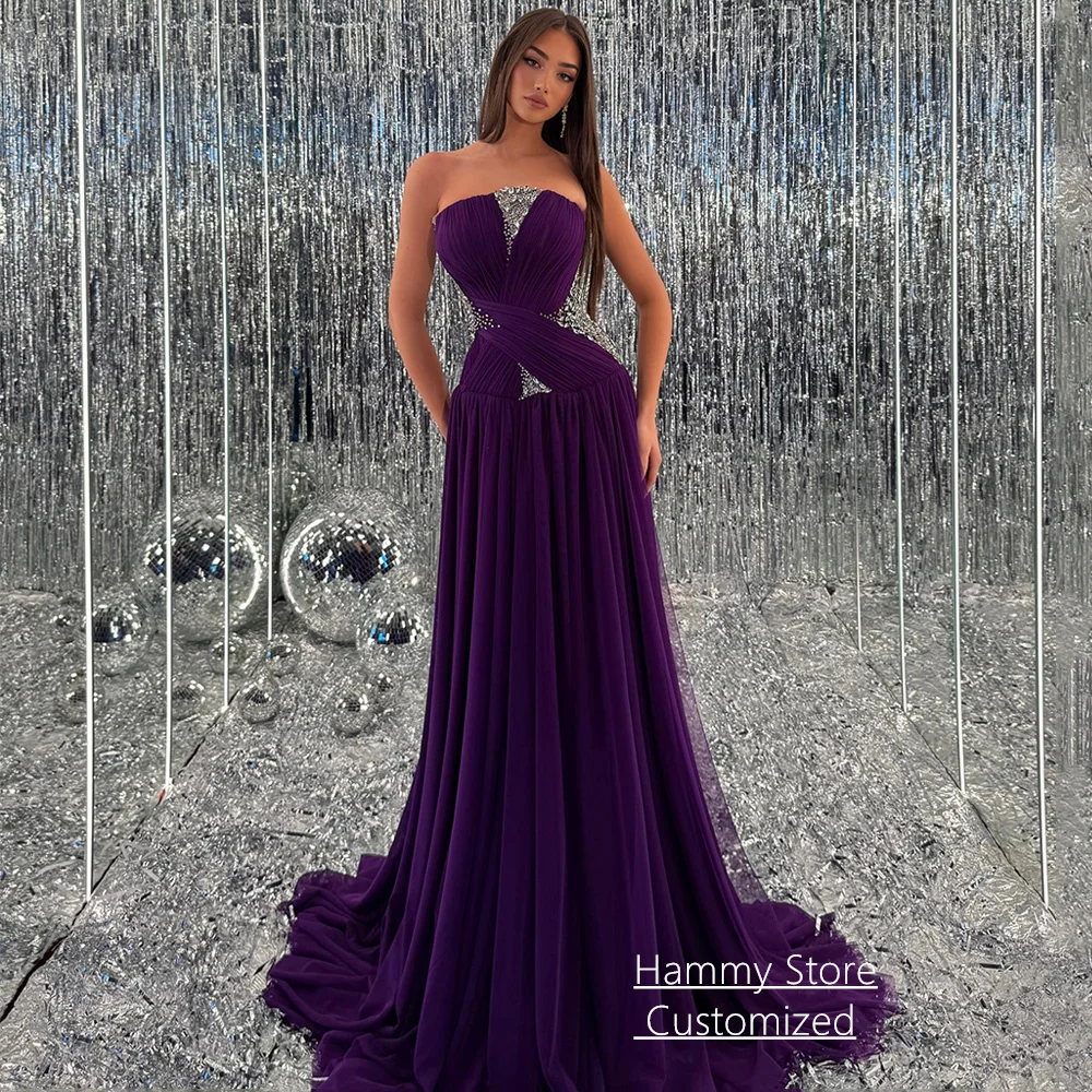 Customized Tulle Evening Dress Fashion Strapless Sleeveless Pleat Beading Crystal Sweep Train Corset Prom Gown Party Dresses